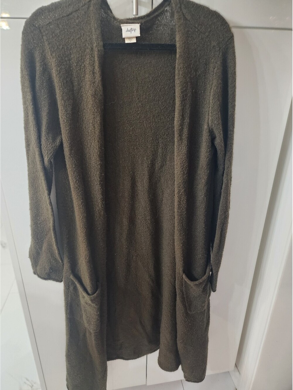 Daytrip Women's Long Open Front Cardigan Sweater, Size Large, Olive Green